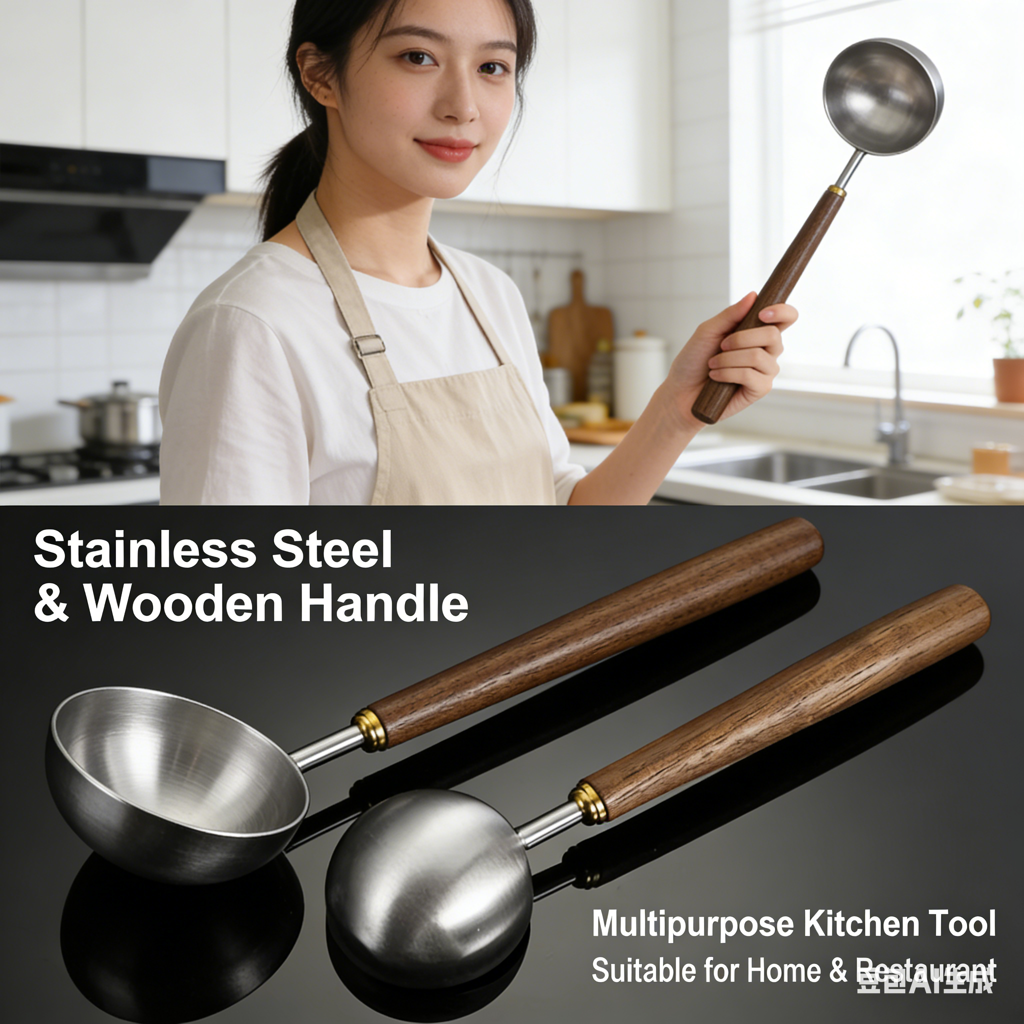 Baking Powder Kitchen - Stainless Steel Coffee Scoop Wooden Handle